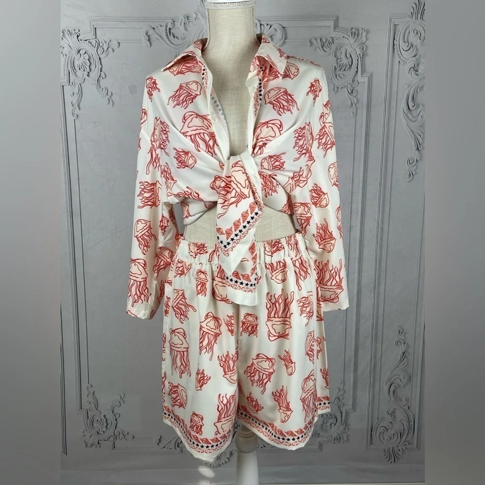 Casual Jellyfish blouse & Shorts Loose Fit Sea Life Print Beach Coverup - Picture 14 of 16